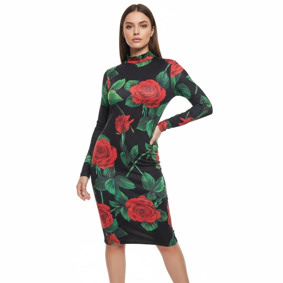 Dresses & Skirts - Womens Bodycon Dress 1XL Black Red Floral Mock Neck Long Sleeve Rose Print Chic